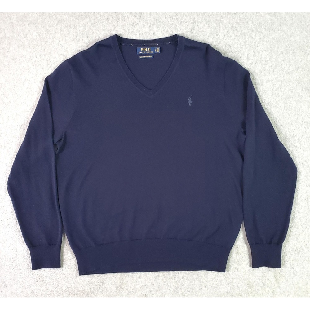 Polo Ralph Lauren Sweater Mens Large Navy Blue V Neck Merino Wool Pullover Knit